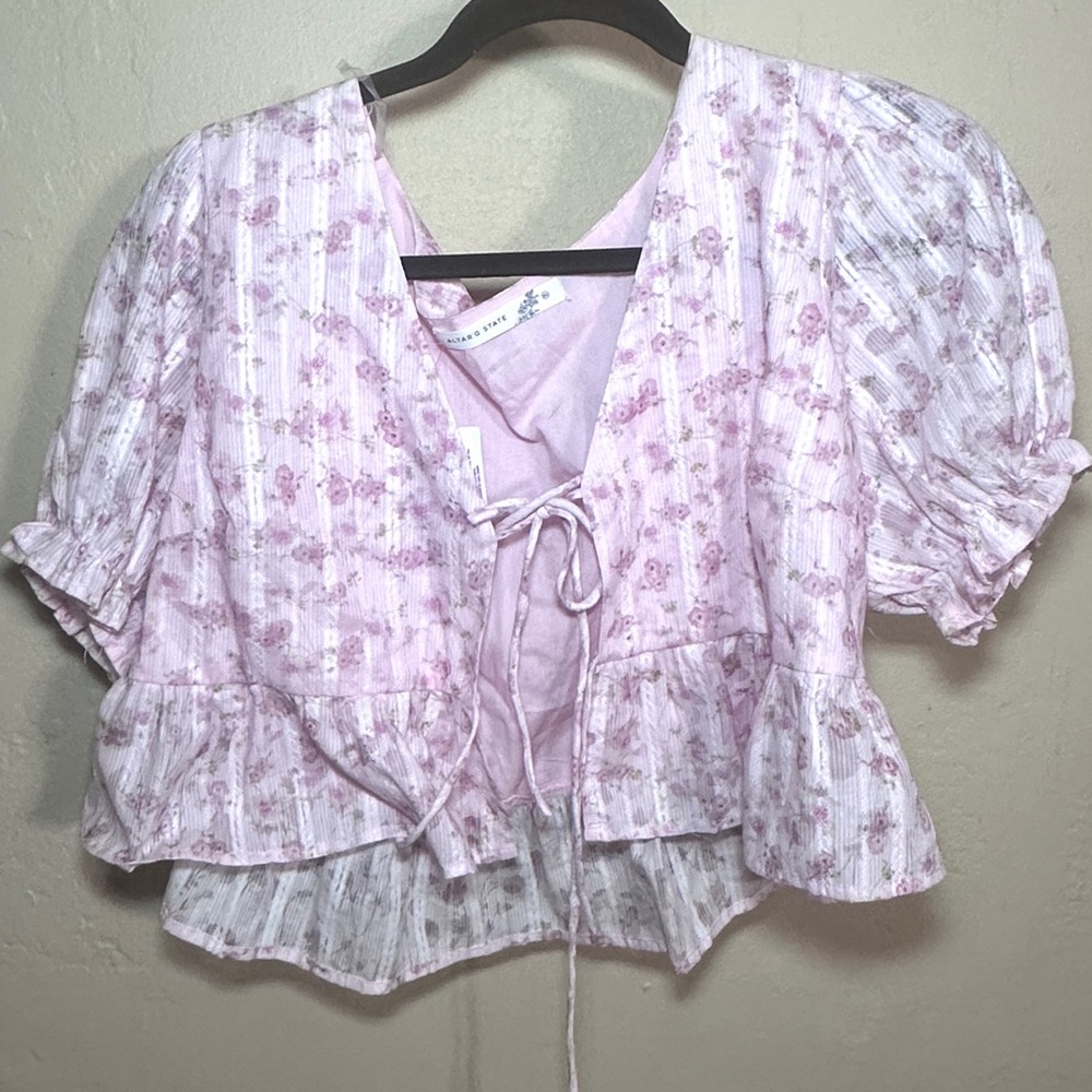 Altar'd State Light Pink Floral Ruffle Tie-Front Blouse